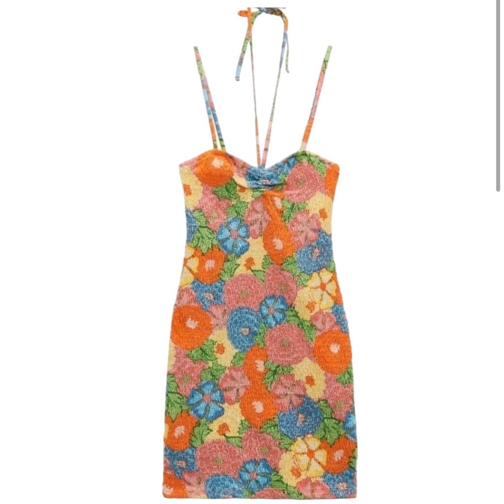 Zara Large 70s Floral Bodycon Mini Dress Halter Sundress Cotton